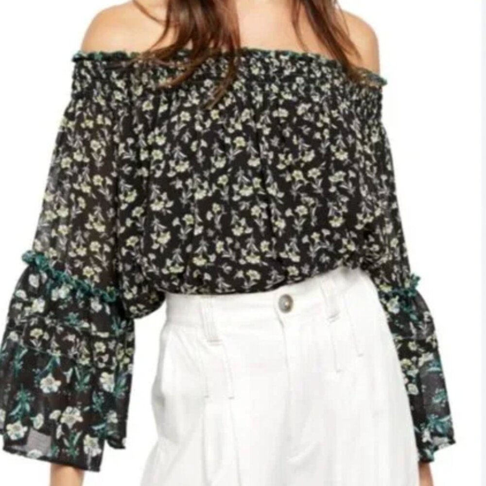 Free People Floral Off the Shoulder Blouse Flare Sleeve